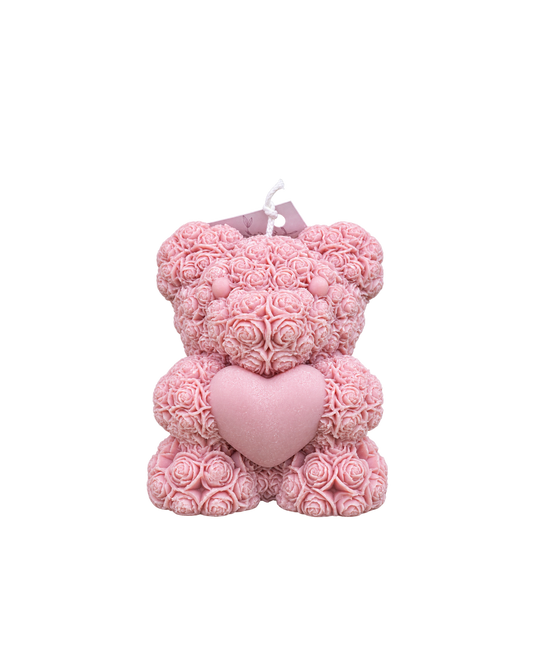 Translation missing: fr.Ours aux roses — Rose — ourson de roses tenant un cœur, cire rose, bougie artisanale Loredana Candles