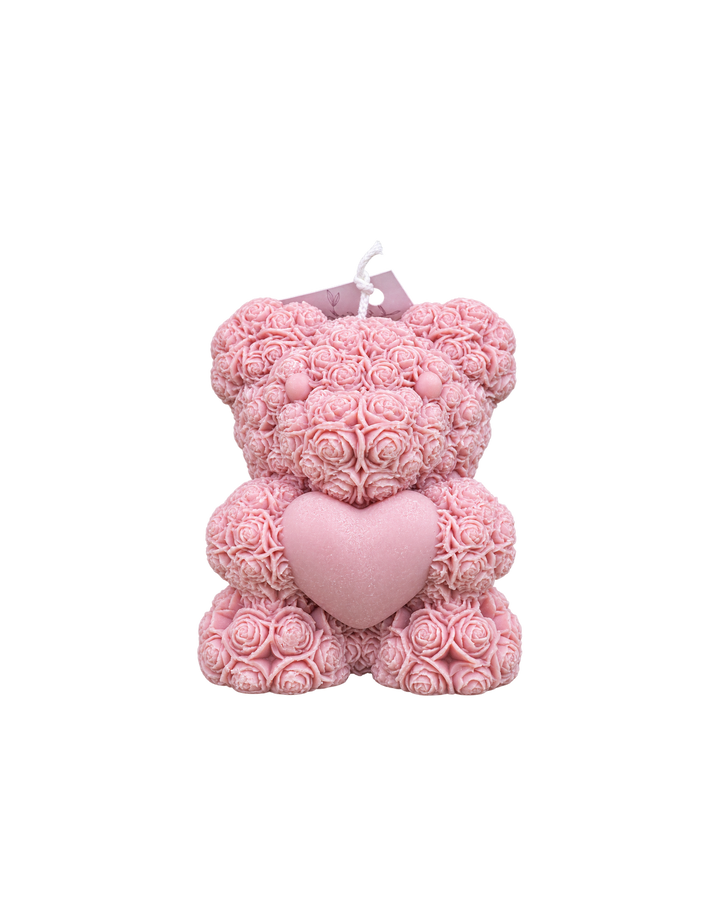 Translation missing: fr.Ours aux roses — Rose — ourson de roses tenant un cœur, cire rose, bougie artisanale Loredana Candles
