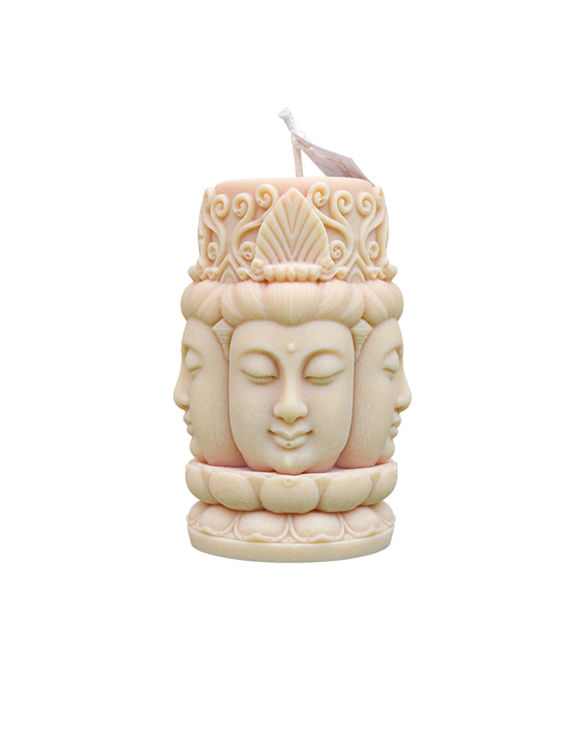Bouddha aux quatre visages — Bouddha aux quatre visages sculpté, cire ivoire rosé, bougie artisanale Loredana Candles