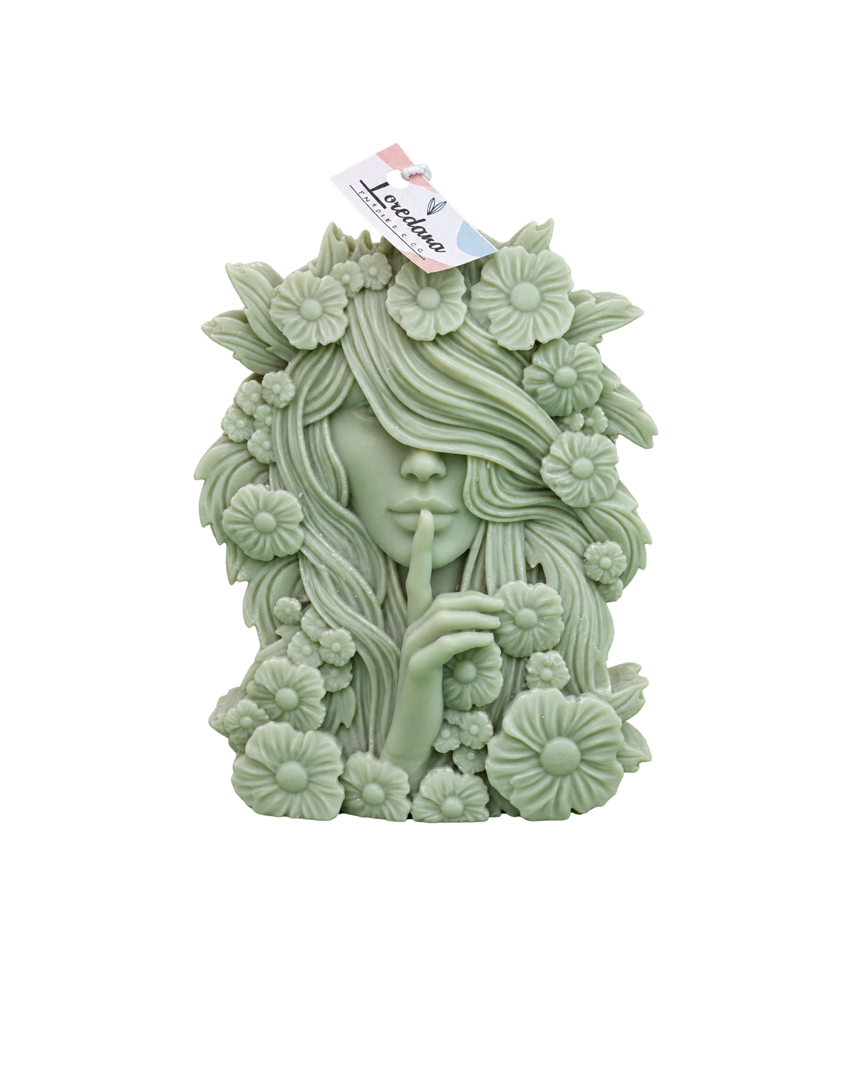 Translation missing: fr.Le Secret — Vert sauge — femme fleurie en bas-relief, cire vert sauge, bougie artisanale Loredana Candles