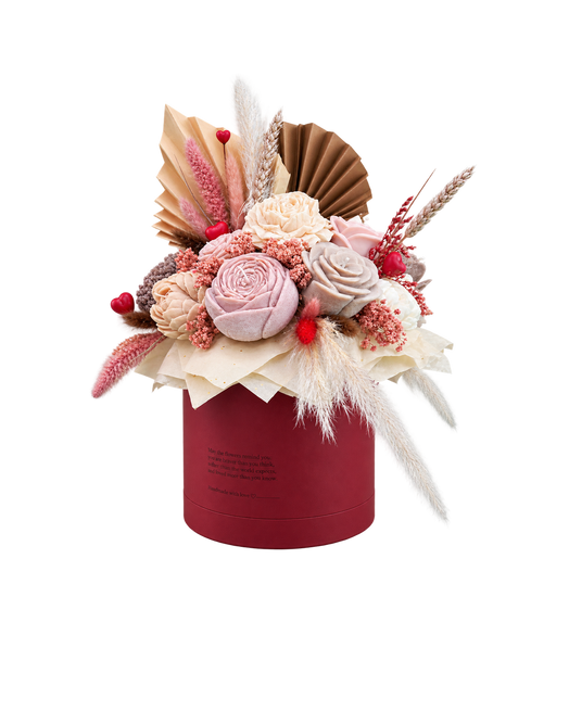 Coffret fleuri — Bordeaux — bouquet de fleurs de cire dans un coffret bordeaux, bougie artisanale Loredana Candles