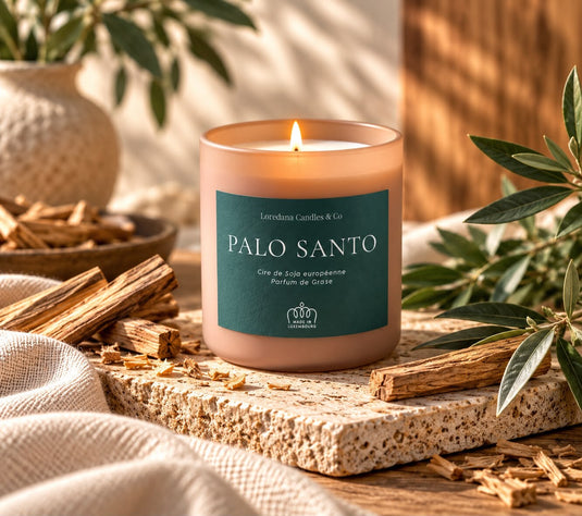Translation missing: fr.Bougie Palo Santo de Loredana Candles &amp; Co, pot de verre 450 g, étiquette vert sapin, entourée de bâtons de palo santo et de feuilles d'olivier
