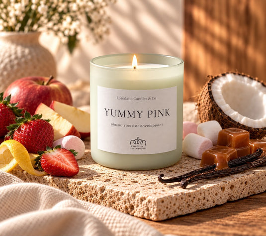 Translation missing: fr.Bougie Yummy Pink de Loredana Candles &amp; Co, pot de verre 450 g, étiquette ivoire, entourée de fraises, pomme, noix de coco et caramel